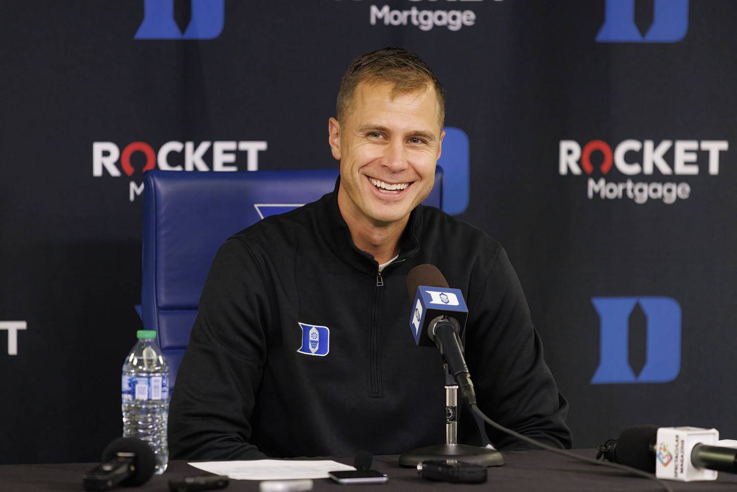 Jon Scheyer addresses the media after earning his first win as Duke's coach against Jacksonville on Nov. 7, 2022, in Durham, N.C.