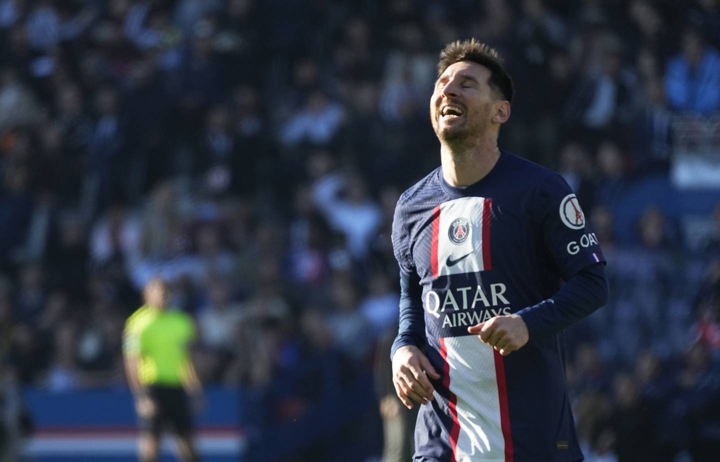 Lionel Messi reacts after missing a scoring chance during the French League One match on Nov. 13, 2022.
