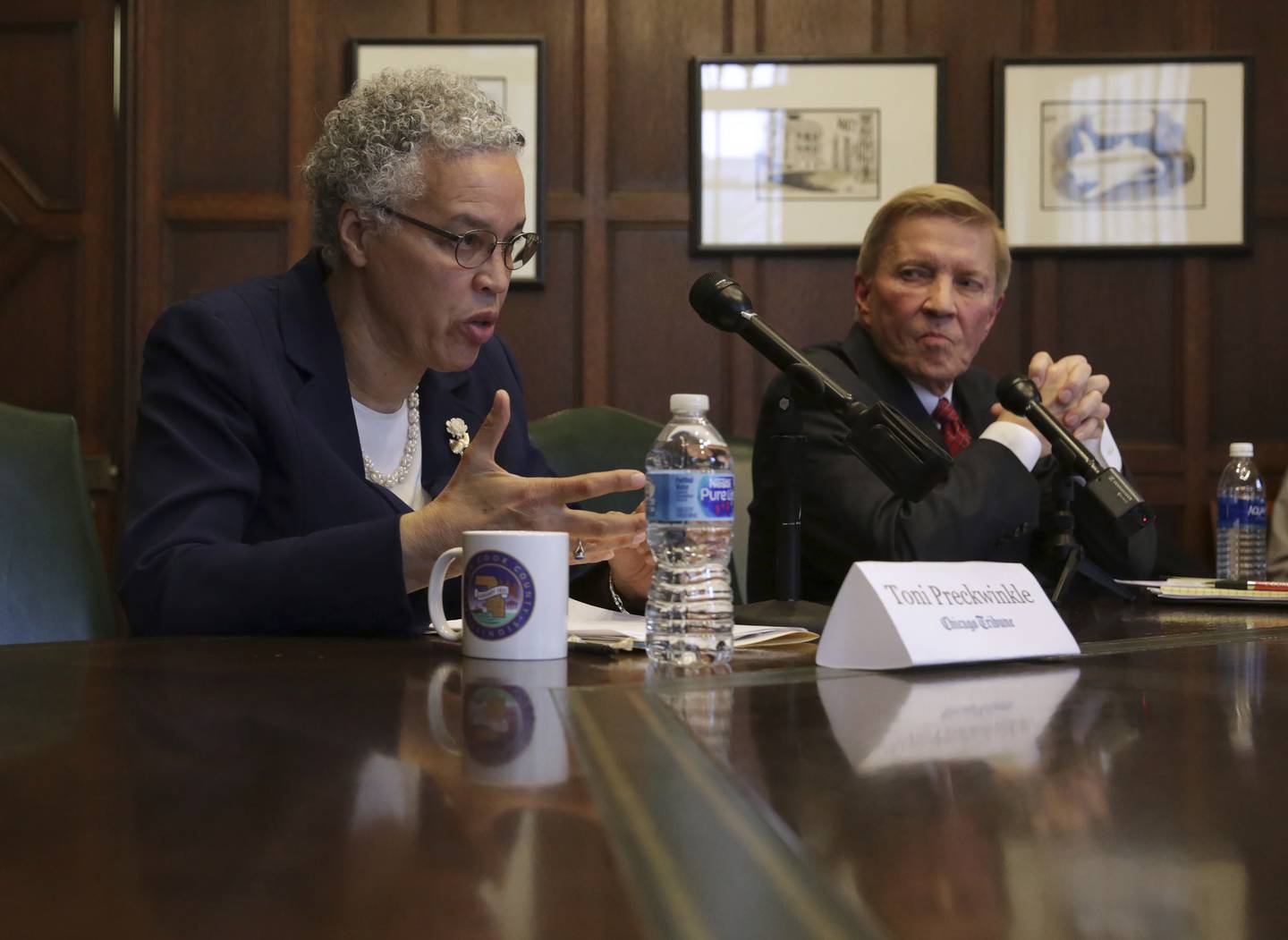 Cook County board president Toni Preckwinkle and challenger former alderman Bob Fioretti before the Tribune Editorial Board on Jan. 24, 2018.