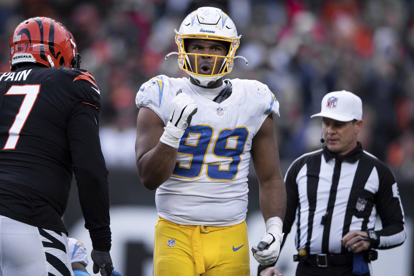 Chargers defensive lineman Jerry Tillery celebrates a sack during against the Bengals on Dec. 5, 2021.