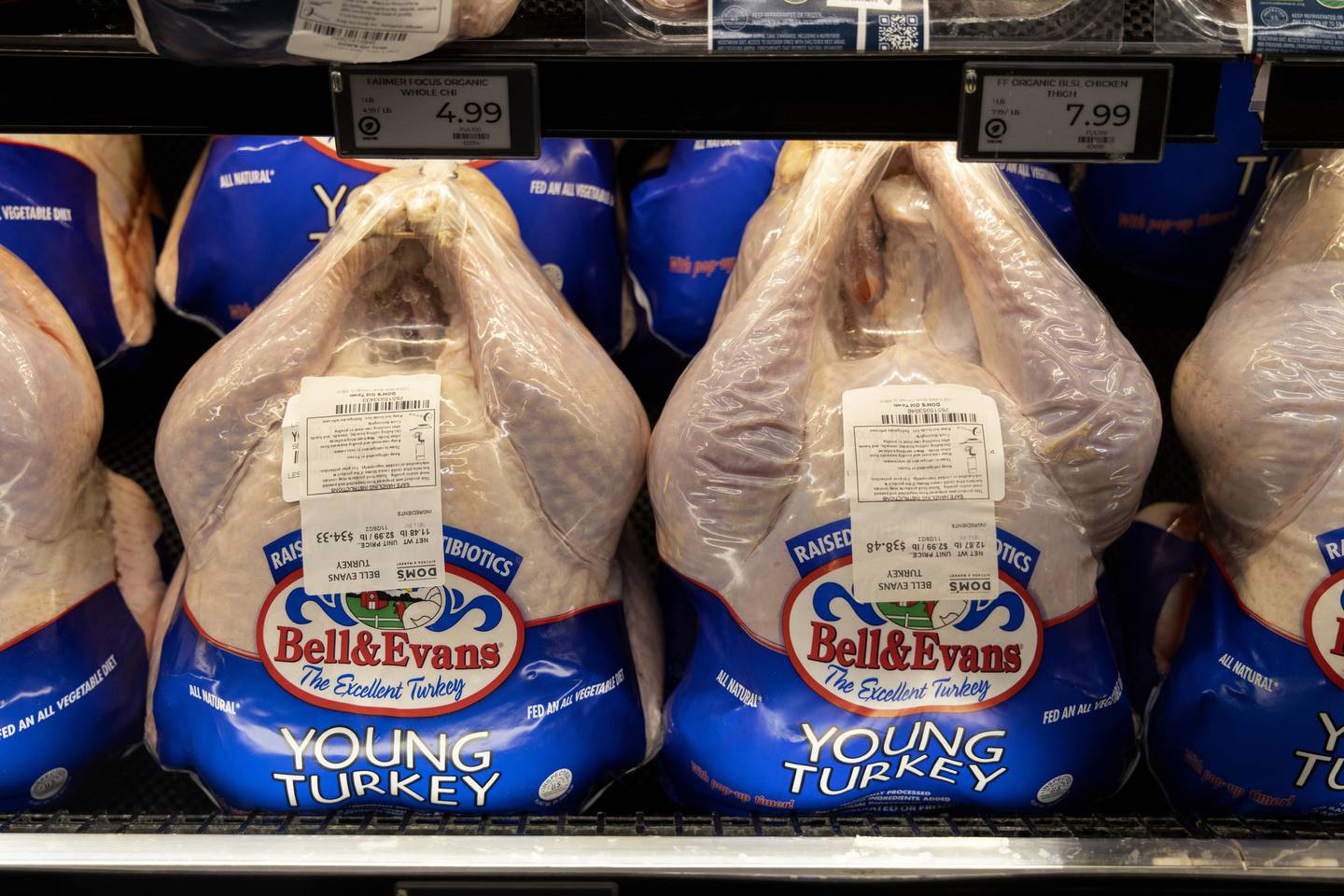 Turkeys for sale at Dom's Kitchen & Market in Chicago.