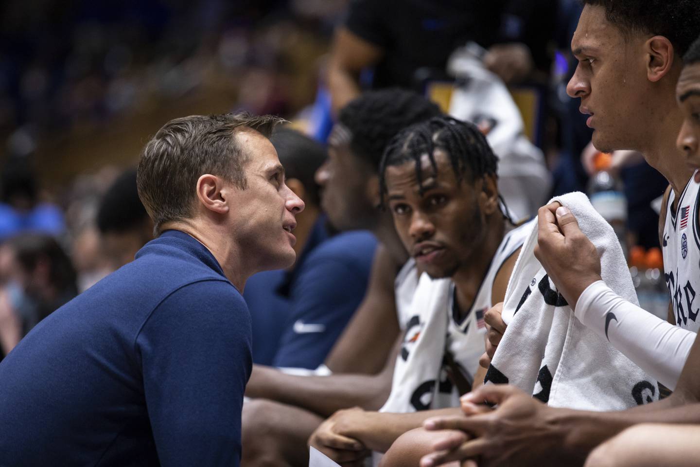Duke associate head coach Jon Scheyer speaks to players during a game against Virginia Tech on Dec. 22, 2021, in Durham, N.C.