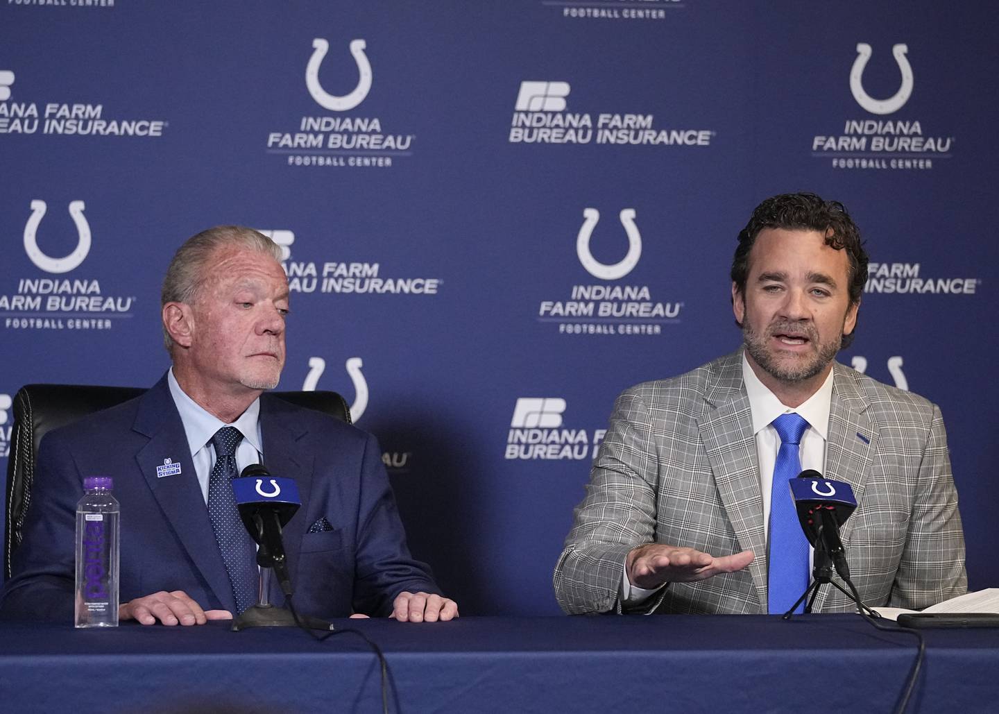 Colts interim coach Jeff Saturday speaks as owner Jim Irsay listens during a news conference on Nov. 7, 2022.