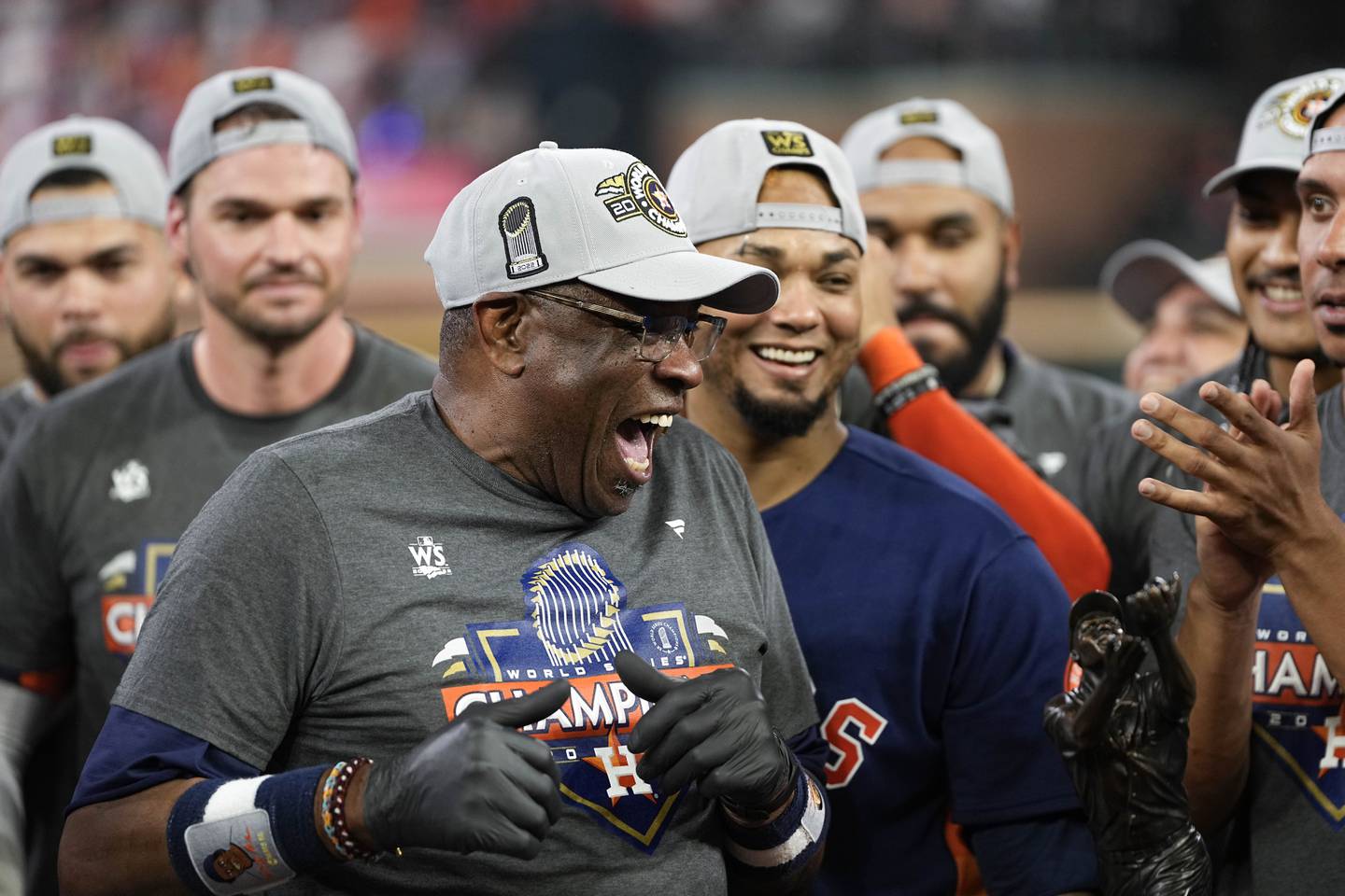 Astros manager Dusty Baker celebrates a 4-1 World Series win against the Phillies in Game 6 on Saturday in Houston. 