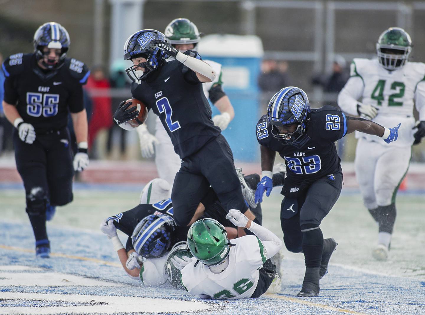 Lincoln-Way East’s James Kwiecinski (2) scores a touchdown against Glenbard West during a Class 8A state semifinal game in Frankfort on Saturday, Nov. 19, 2022.