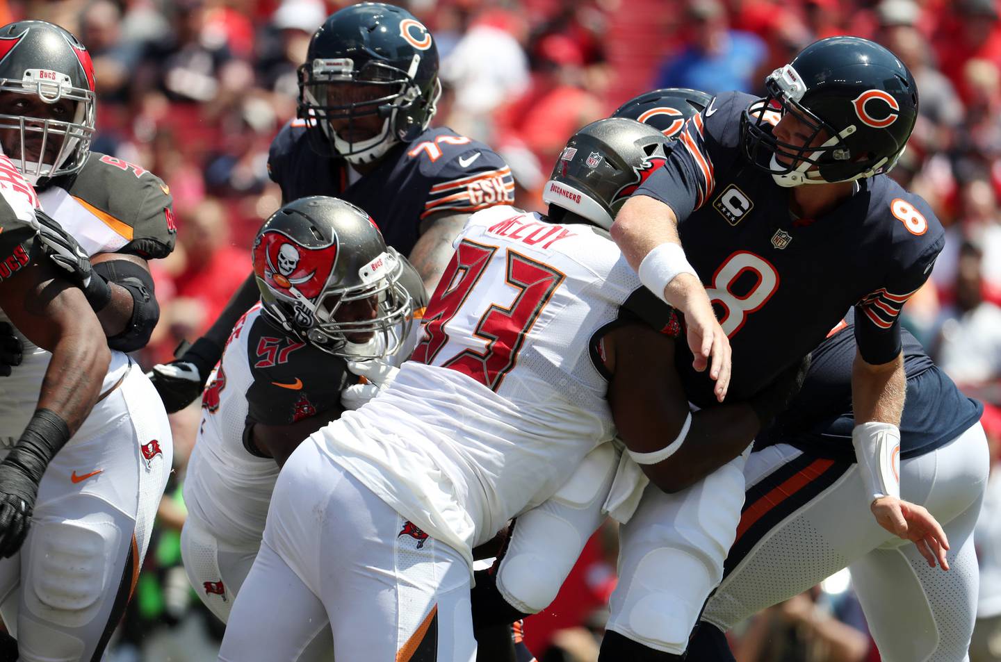 Bears quarterback Mike Glennon passes under pressure from Buccaneers defensive tackle Gerald McCoy in the first quarter on Sept. 17, 2017, at Raymond James Stadium in Tampa, Fla.