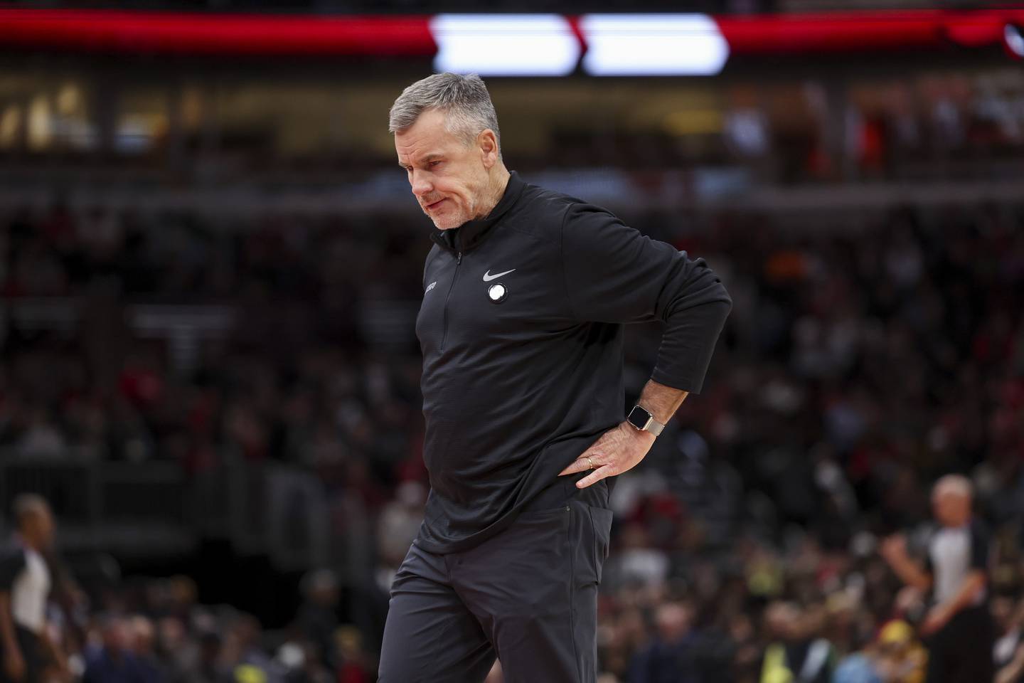 Bulls coach Billy Donovan walks on the court during a timeout in the second quarter against the Raptors on Nov. 7 at the United Center. 
