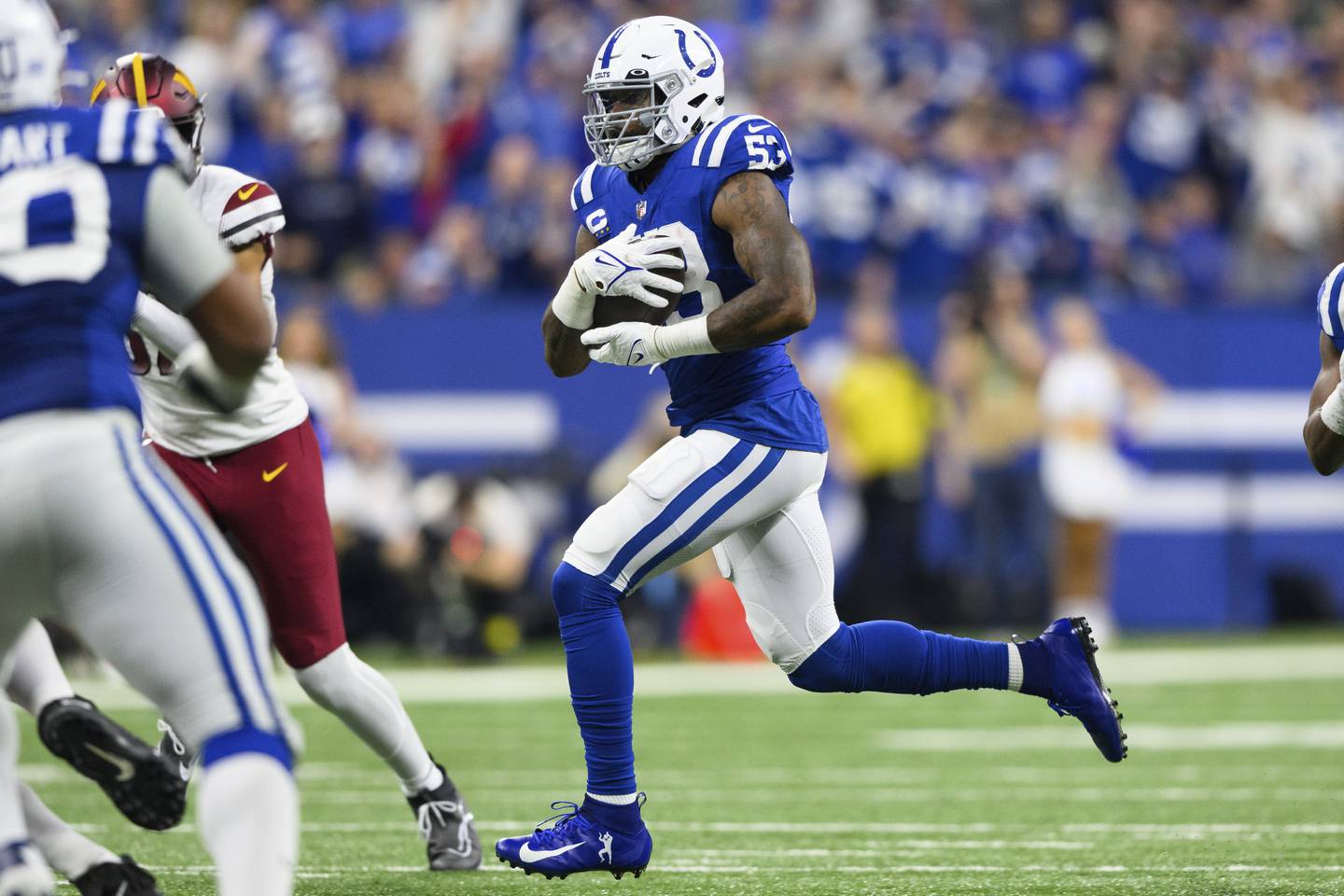 Colts linebacker Shaquille Leonard (53) returns an interception against the Commanders on Oct. 30, 2022, in Indianapolis.