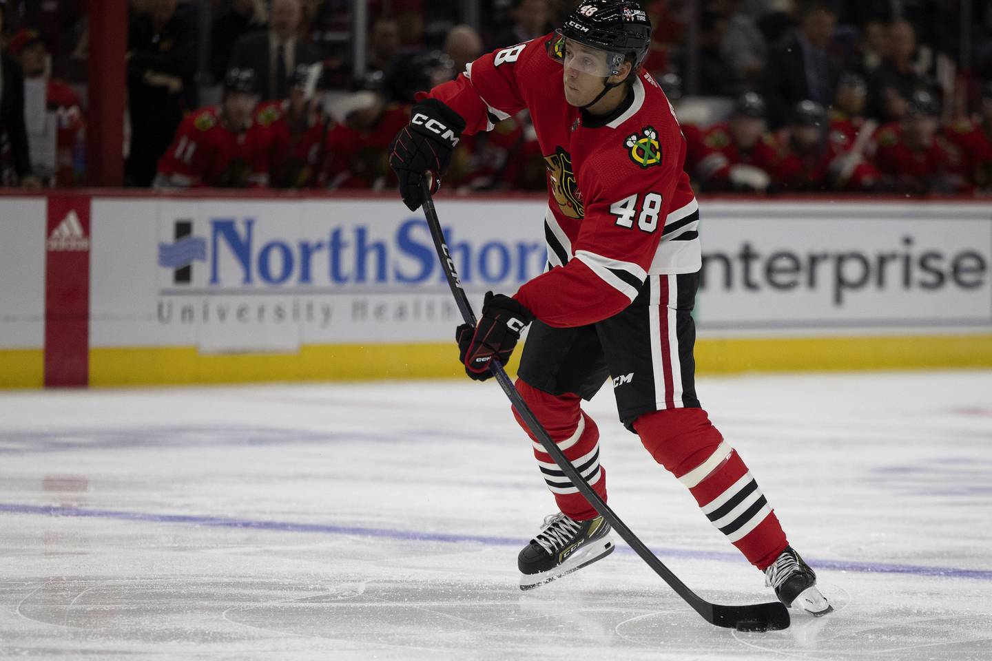 Blackhawks defenseman Filip Roos controls the puck during the first period against the Kraken on Oct. 23 at the United Center.