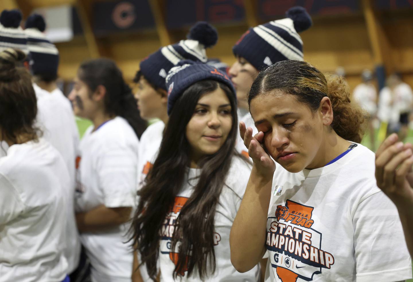 A Taft High School player wipes away tears after Taft finished as the runner up in the championship game on Oct. 29, 2022.   