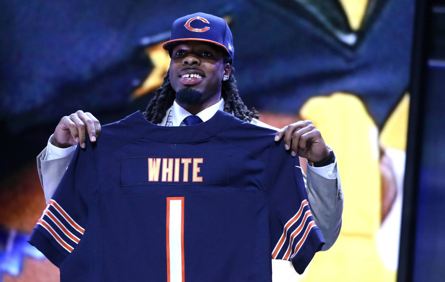 West Virginia wide receiver Kevin White poses for photographs after the Bears selected him with the No. 7 pick in the draft on April 30, 2015, at the Auditorium Theatre in Chicago. 