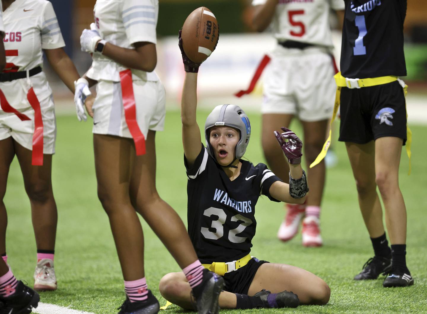 Willowbrook High School’s Chloe Klamecki celebrates after scoring an extra point against Kenwood Academy.