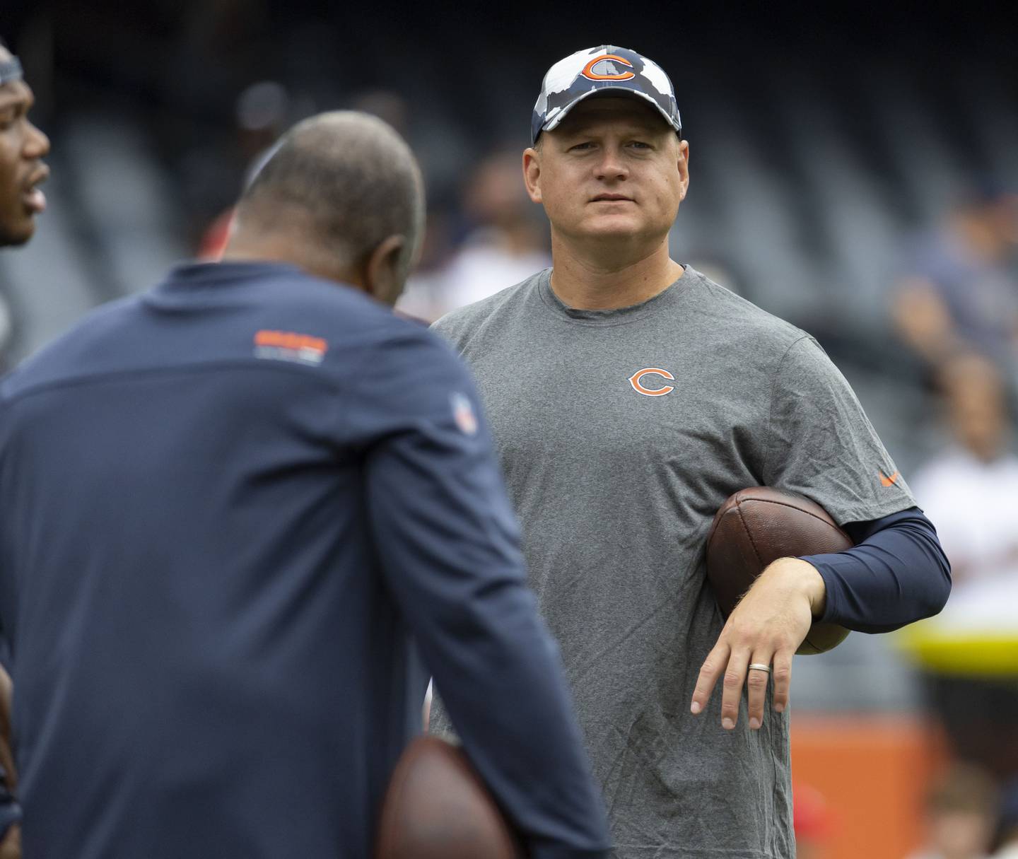 Bears offensive coordinator Luke Getsy watches warmups for a preseason game on Aug. 13, 2022, against the Chiefs at Soldier Field.