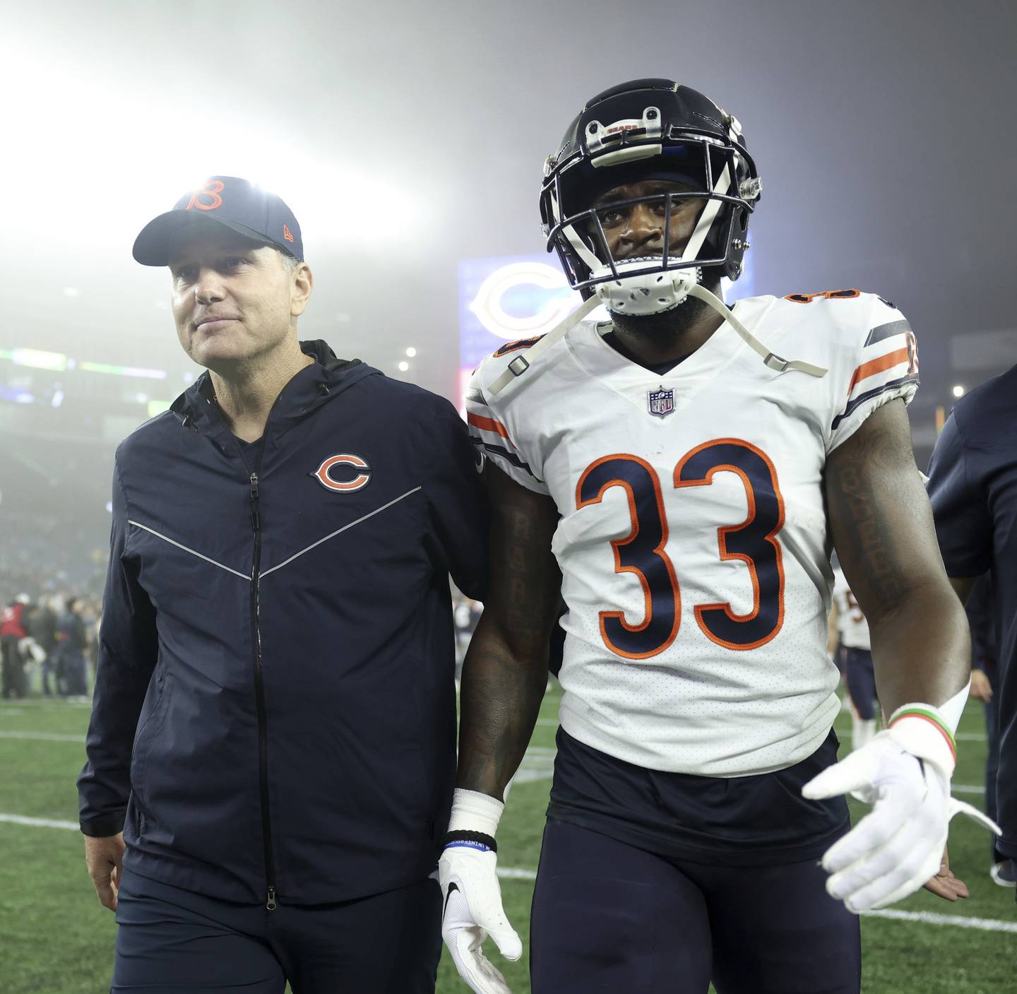 Bears coach Matt Eberflus and cornerback Jaylon Johnson walk off the field together after a 33-14 win over the Patriots on Oct. 24, 2022, at Gillette Stadium in Foxborough, Mass.