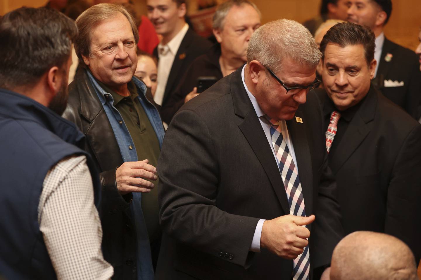 Republican candidate for governor and state Sen. Darren Bailey gives a thumbs-up after a speech during a campaign stop at Abbington Distinctive Banquets on Oct. 31, 2022, in Glen Ellyn.