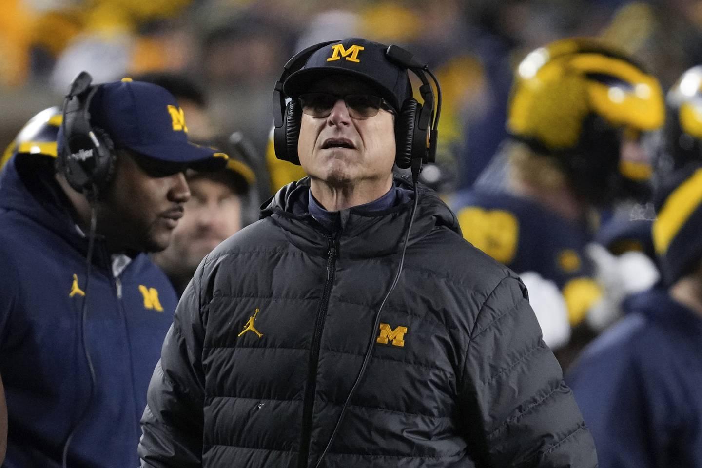 Michigan coach Jim Harbaugh watches against Nebraska in the second half Saturday, Nov. 12, 2022, in Ann Arbor, Mich.
