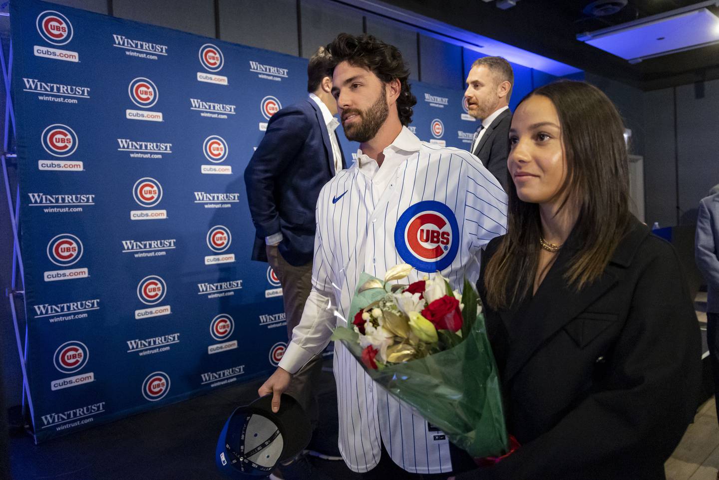 New Cubs shortstop Dansby Swanson departs with his wife, Chicago Red Stars player Mallory Pugh, after a news conference Wednesday, Dec. 21, 2022, at Wrigley Field.