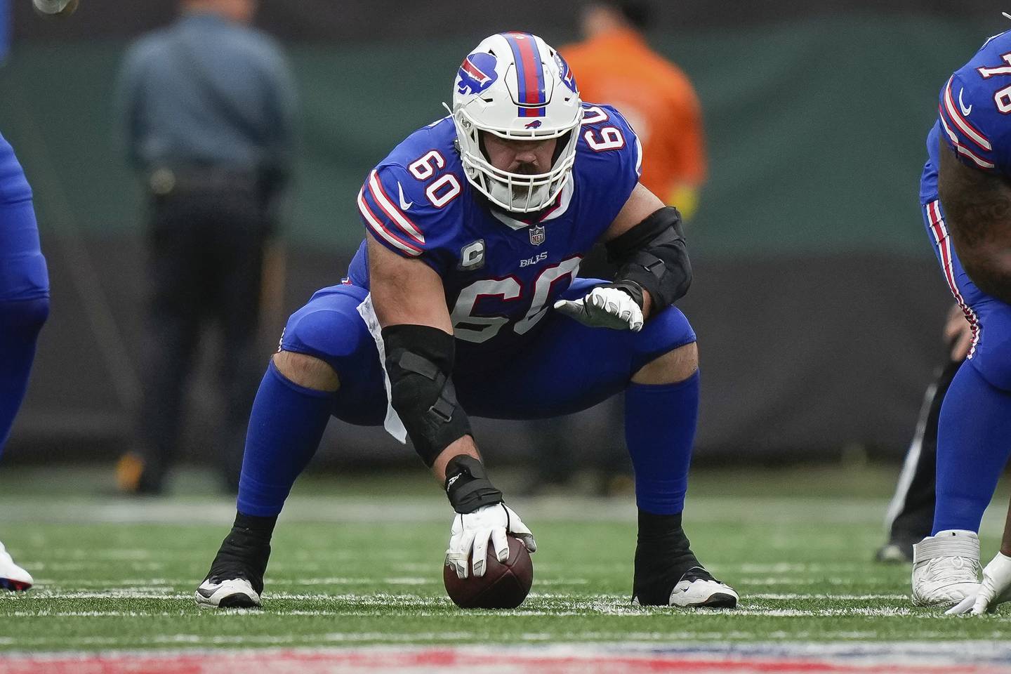 Bills center Mitch Morse at the line of scrimmage during the second half of a game against the Jets on Nov. 6, 2022.