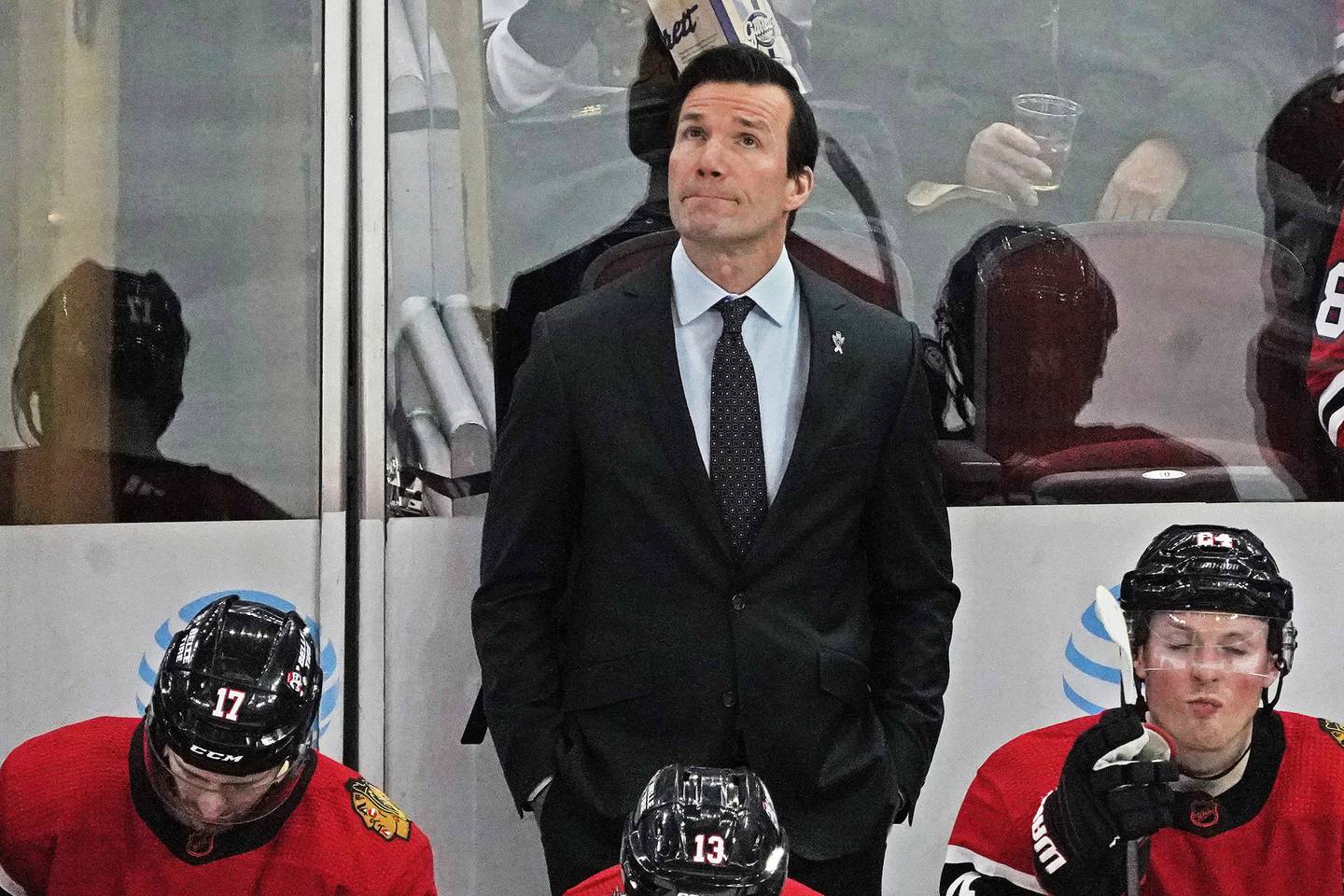 Blackhawks coach Luke Richardson stands behind the bench during the third period against the Rangers on Sunday, Dec. 18, 2022, at the United Center.