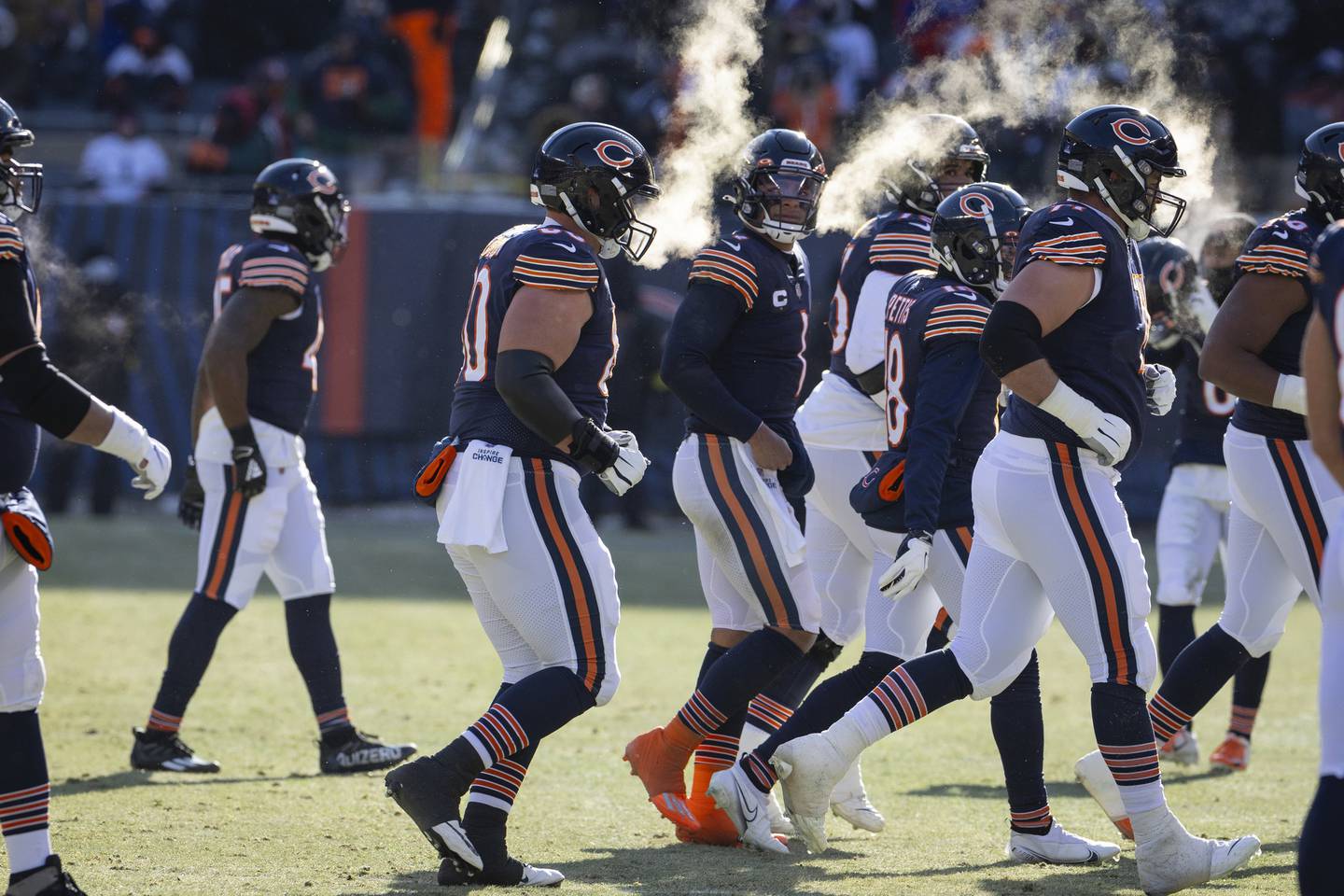 The Bears offense leaves the field in the first quarter against the Bills on Saturday at Soldier Field. 