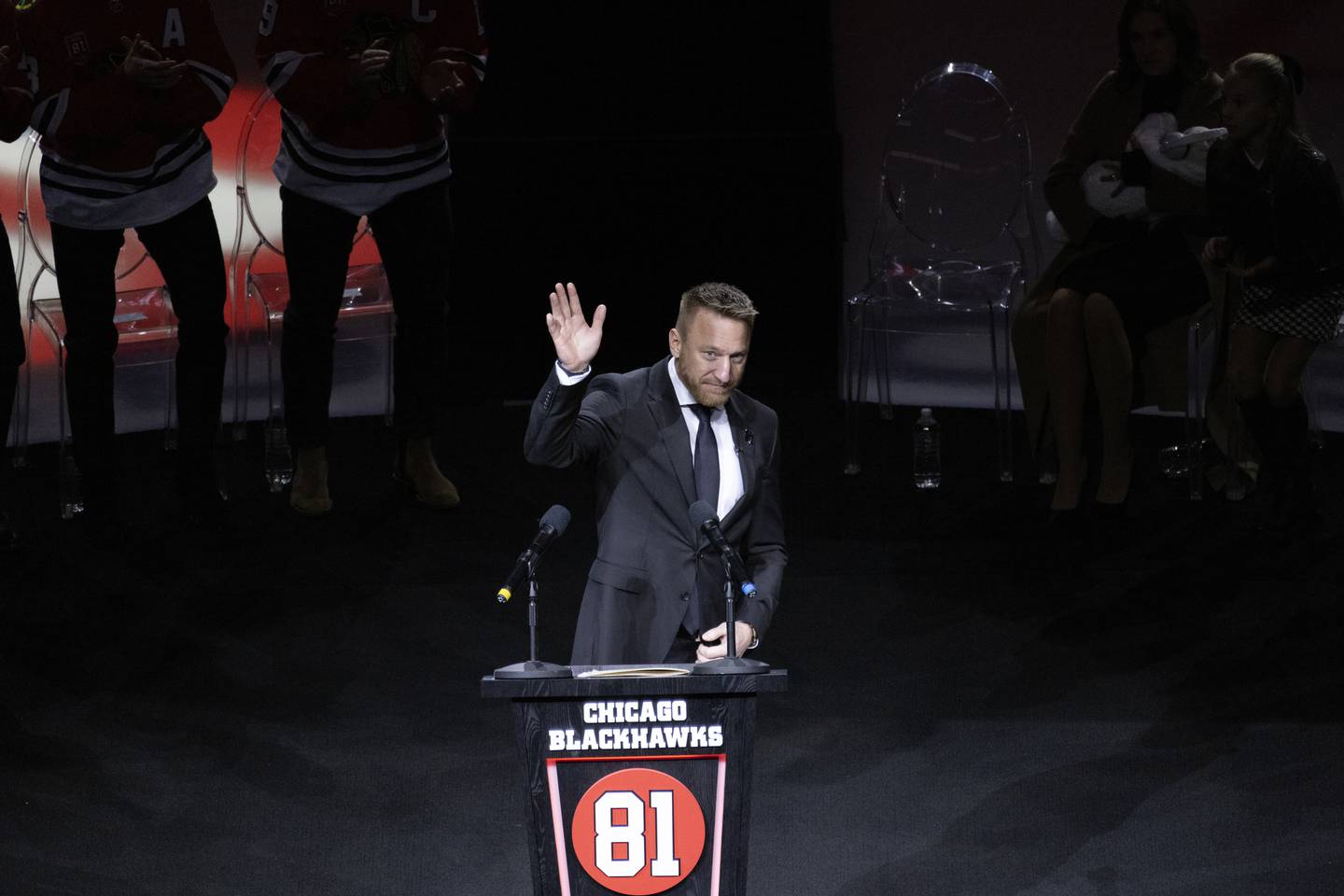 Former Blackhawks forward Marian Hossa speaks during his jersey retirement ceremony on Nov. 20 at the United Center.