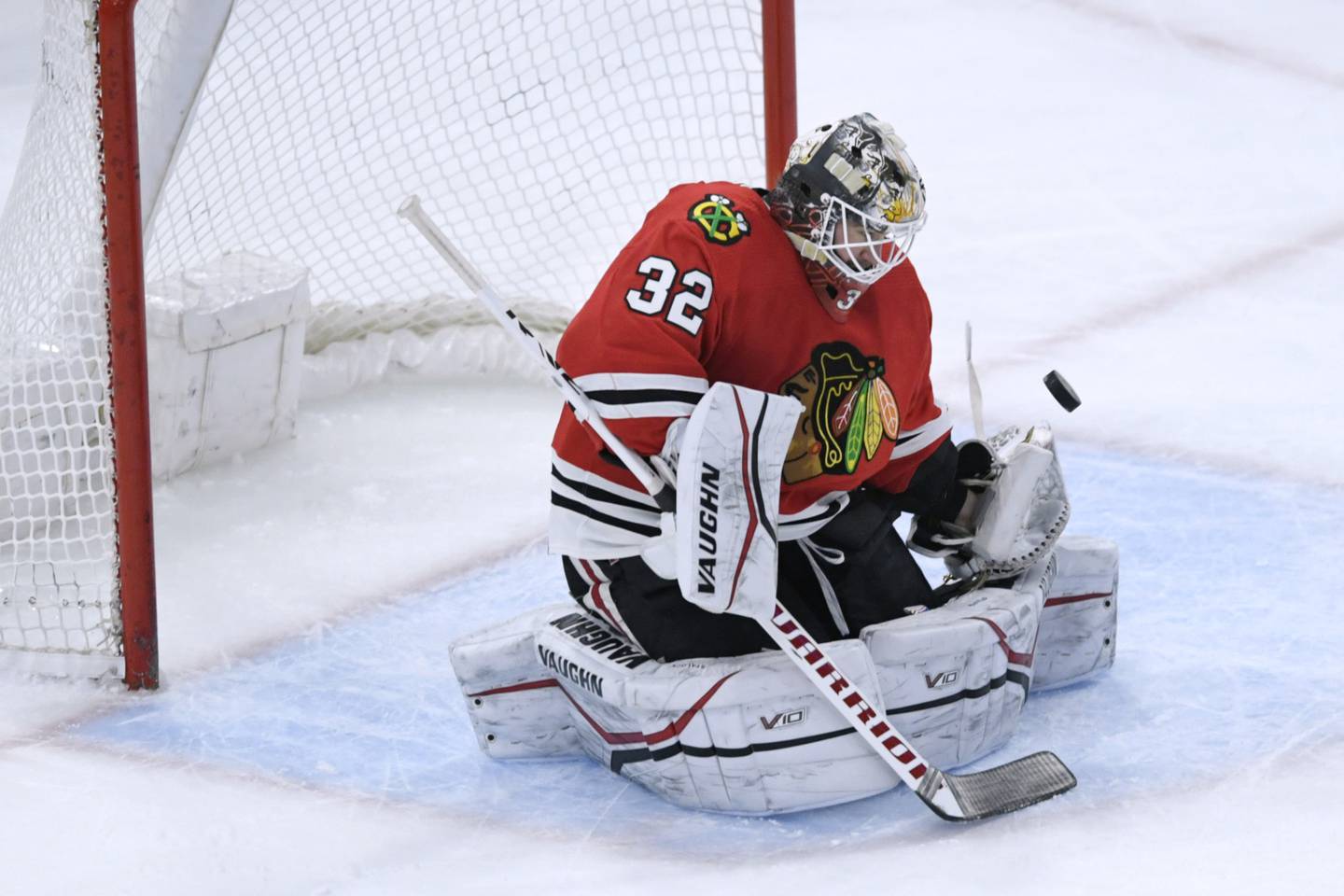 Blackhawks goalie Alex Stalock makes a save during the second period against the Blue Jackets on Dec. 23, 2022.