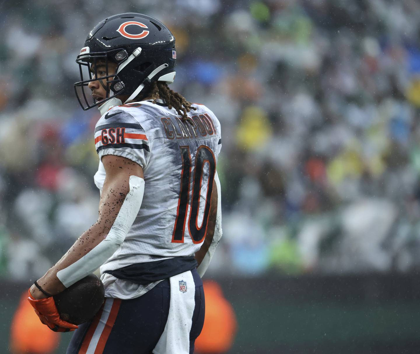 Bears wide receiver Chase Claypool walks away with paint on his back after making a catch against the Jets on Nov. 27 at MetLife Stadium in East Rutherford, N.J.