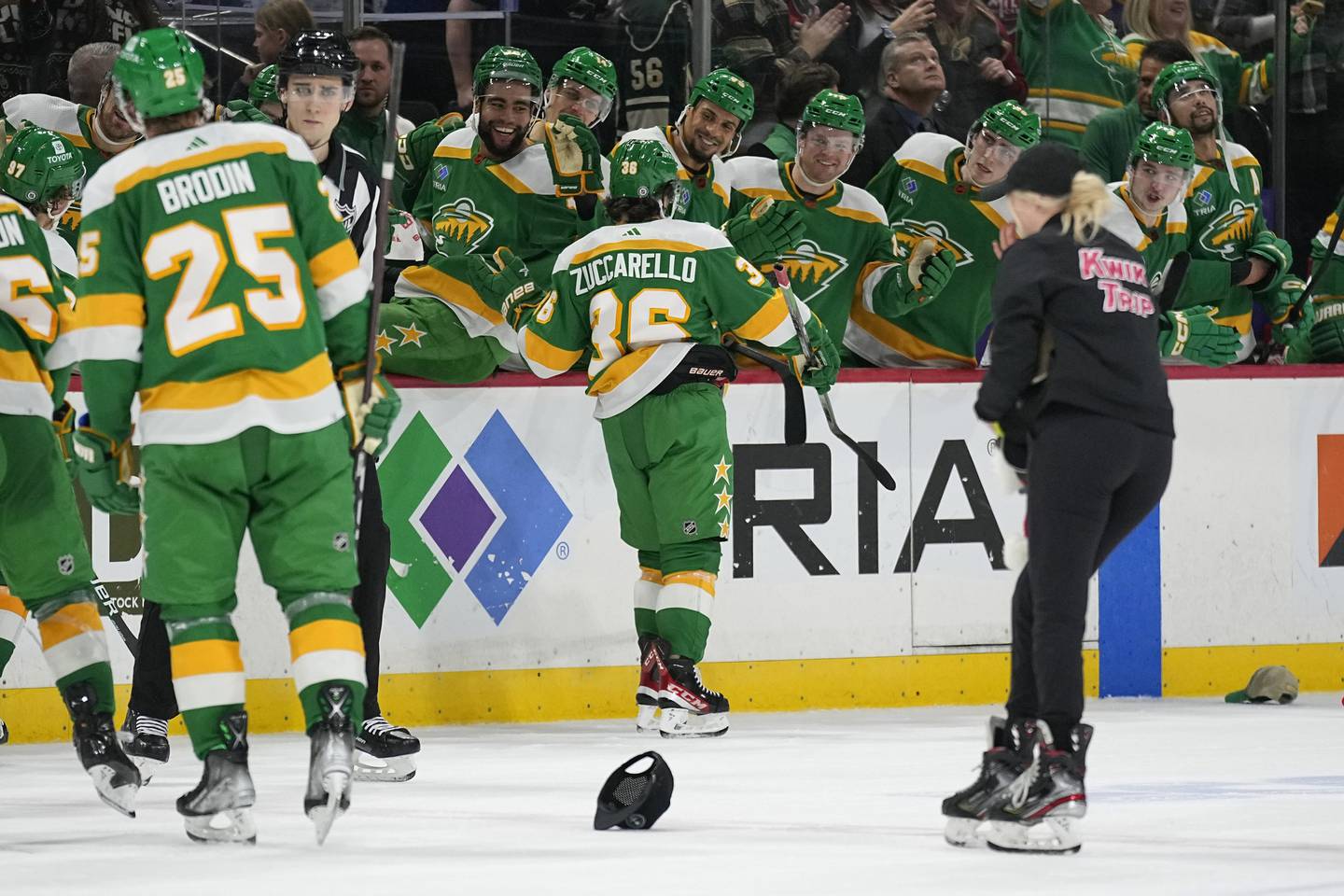 Wild right wing Mats Zuccarello (36) celebrates with teammates after scoring his third goal against the Blackhawks in the third period Friday in St. Paul, Minn. 