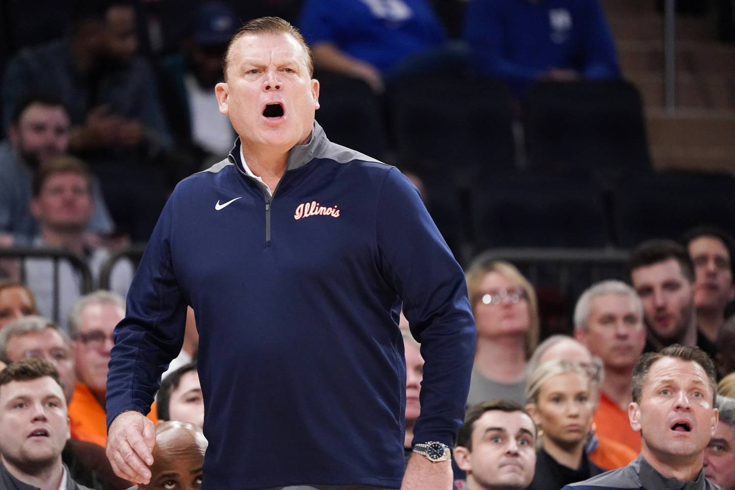 Illinois coach Brad Underwood works the bench during the first half of the Jimmy V Classic on Tuesday, Dec. 6, 2022, in New York.