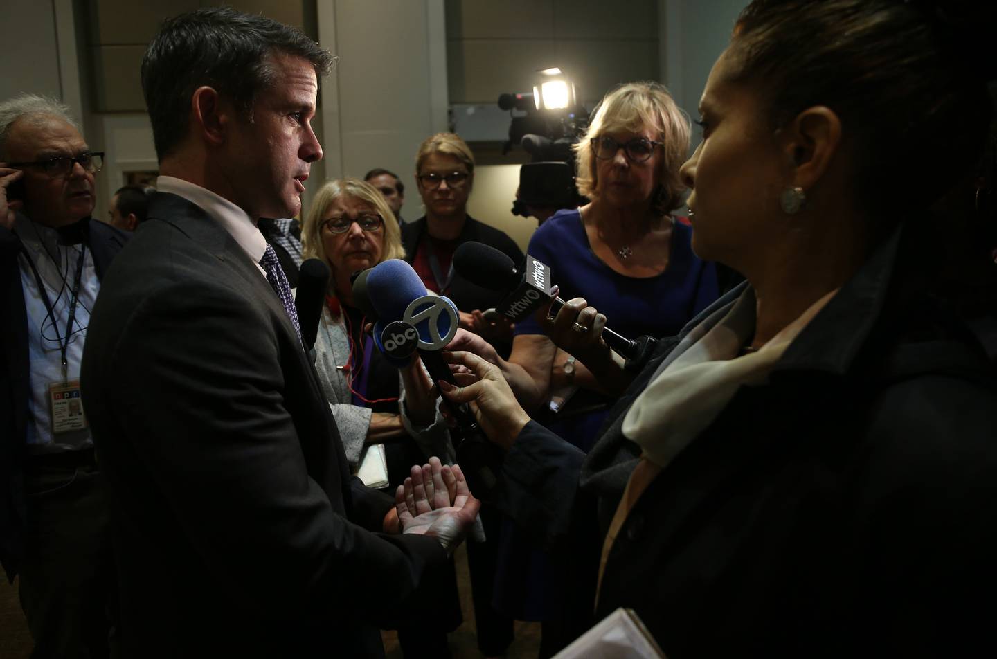U.S. Rep. Adam Kinzinger talks to reporters after attending a gun violence hearing Oct. 3, 2019, at Kennedy King College in Chicago.