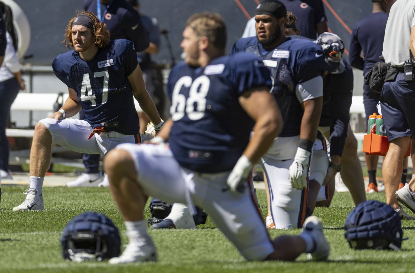 Tight end Chase Allen (47) practices on Aug. 9, 2022, during the Bears Family Fest training camp at Soldier Field. 