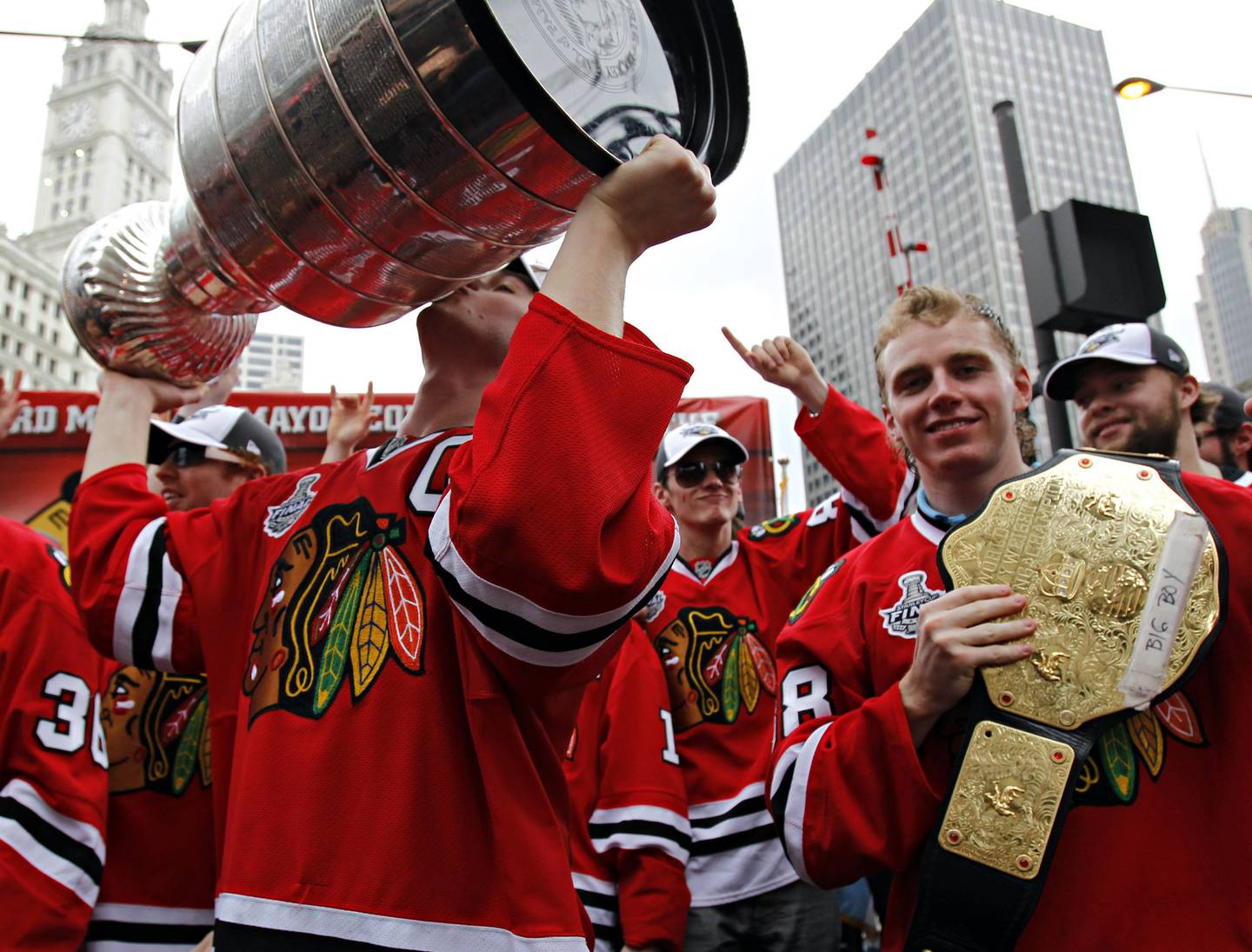 Jonathan Toews and Patrick Kane during the Blackhawks Stanley Cup victory rally on June 11, 2010.