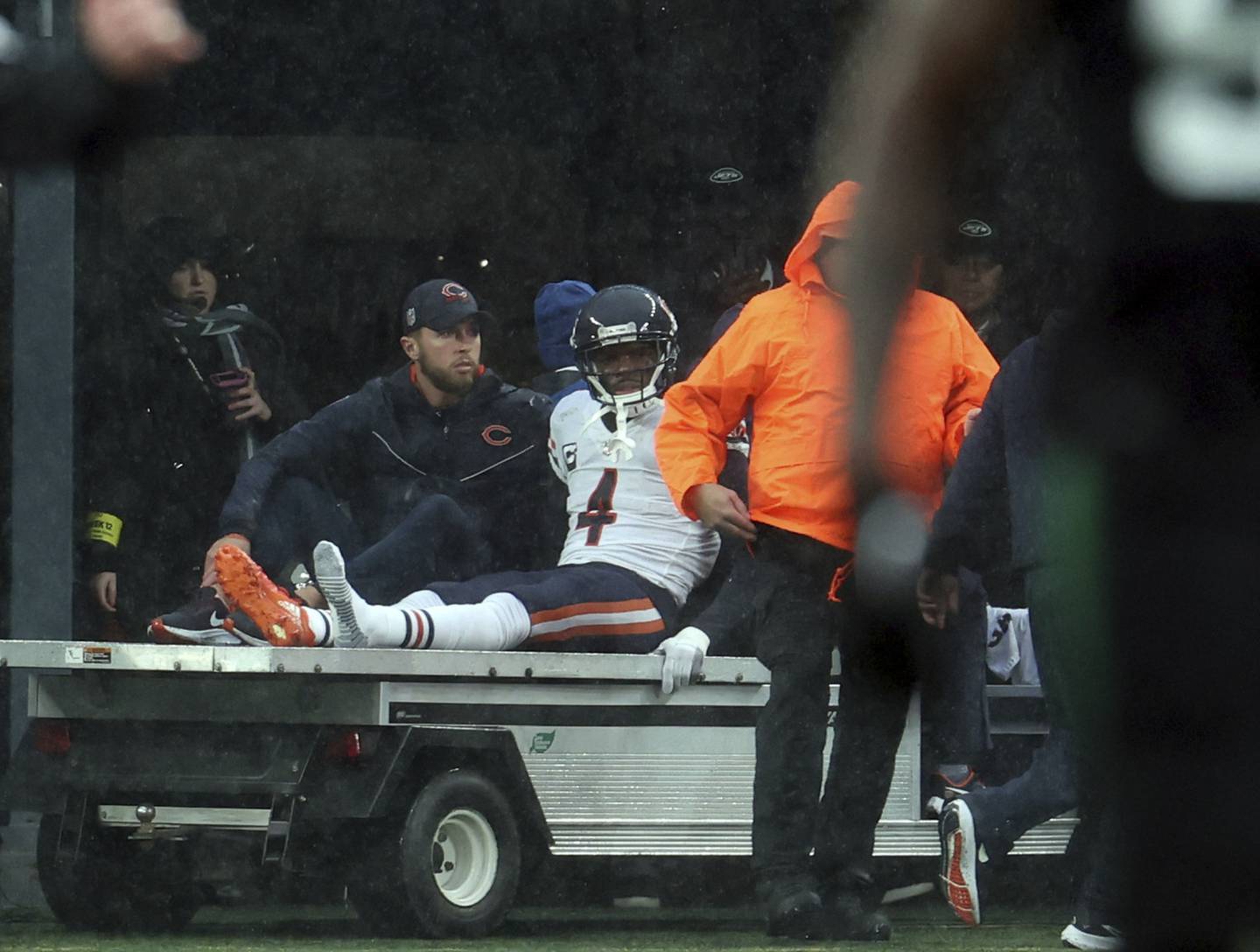 Bears safety Eddie Jackson leaves on a cart in the second quarter on Nov. 27, 2022, at MetLife Stadium.