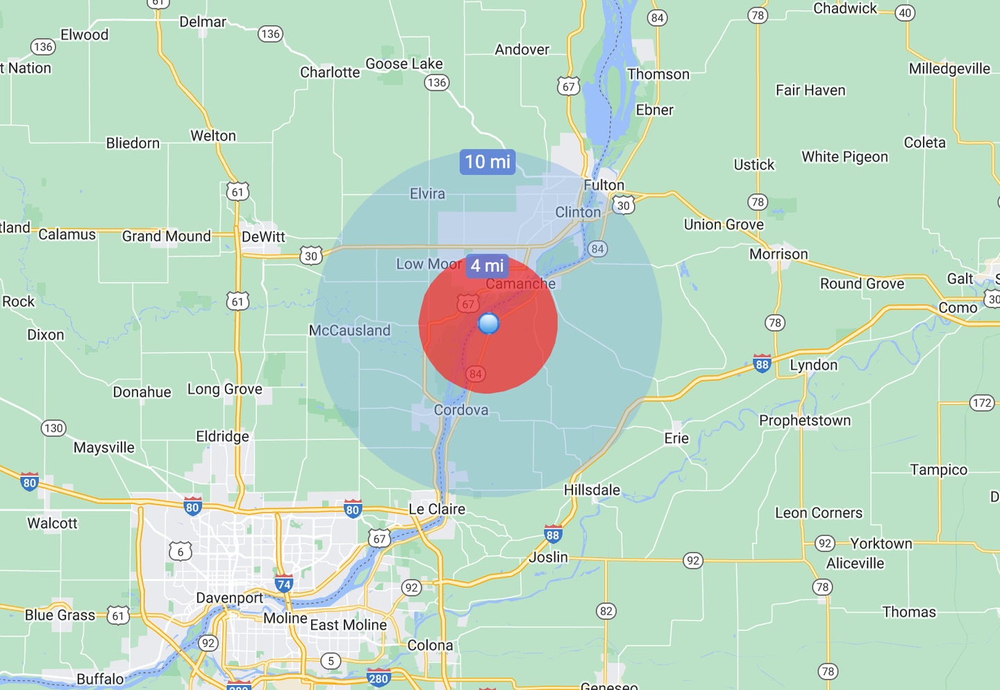 The EPA will oversee an expansion of 3M’s surveillance to water utilities up to 10 miles away — marked in blue — from the chemical plant and in the Quad Cities. Private wells within 4 miles of the plant — marked in red — will be sampled as well.