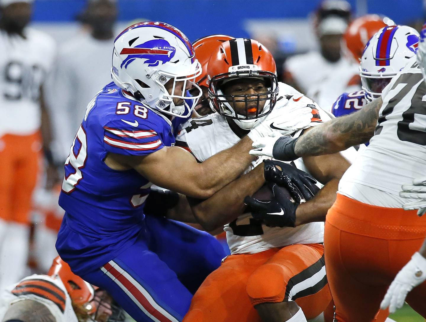 Bills linebacker Matt Milano (58) tackles Browns running back Nick Chubb during the second half on Nov. 20 in Detroit. 