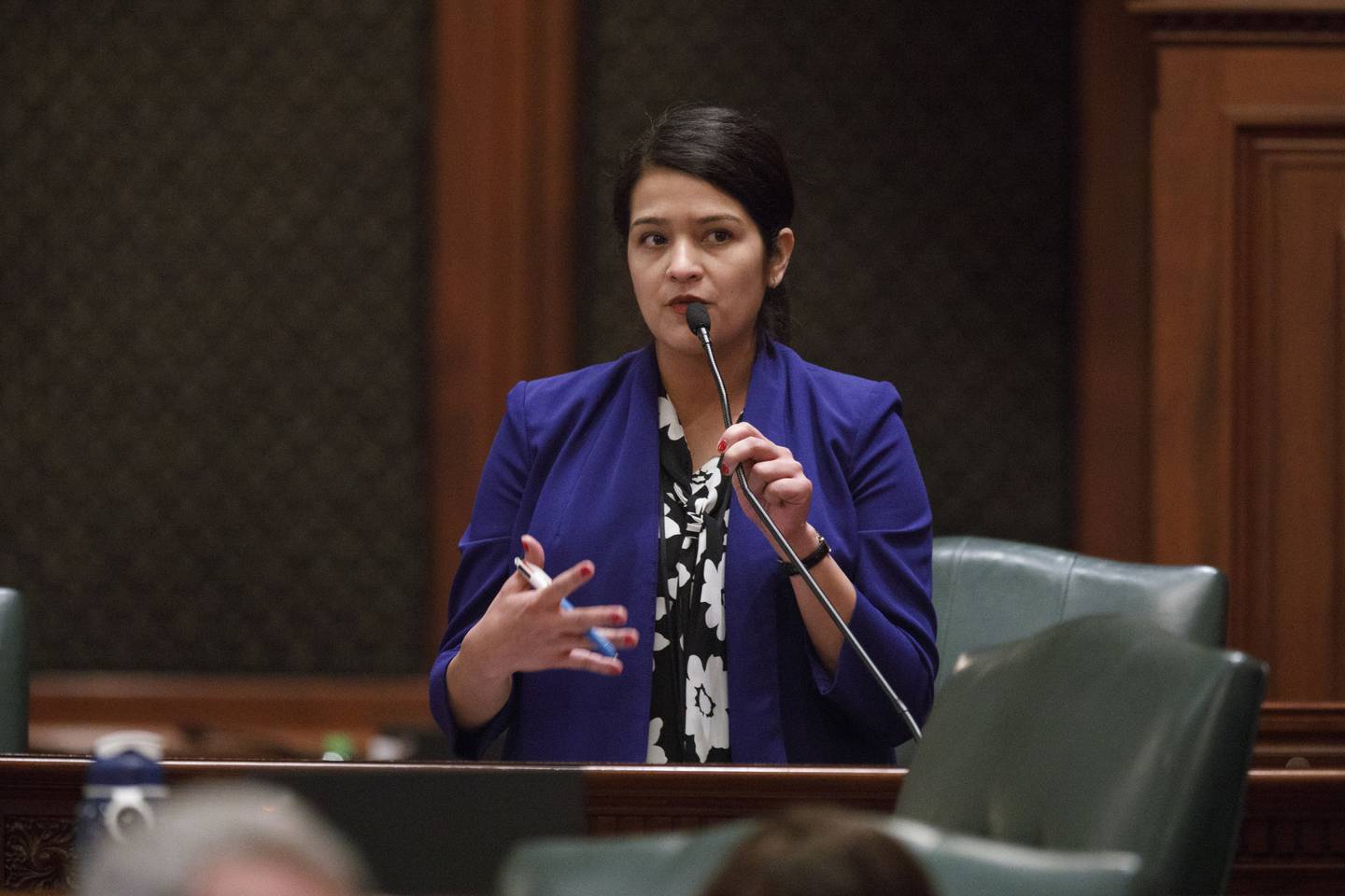 Then-Rep. Silvana Tabares on the House floor before a vote on legislation to license gun dealers during a session at the Illinois State Capitol in 2018.