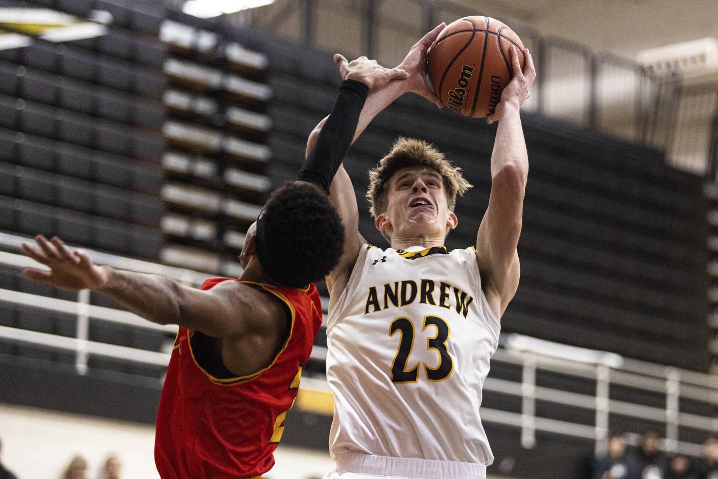 Andrew’s Natahn LaPlant (23) takes a shot over Tinley Park's Myles Haythorne (2) during a nonconference game in Tinley Park on Wednesday, Dec. 14, 2022.
