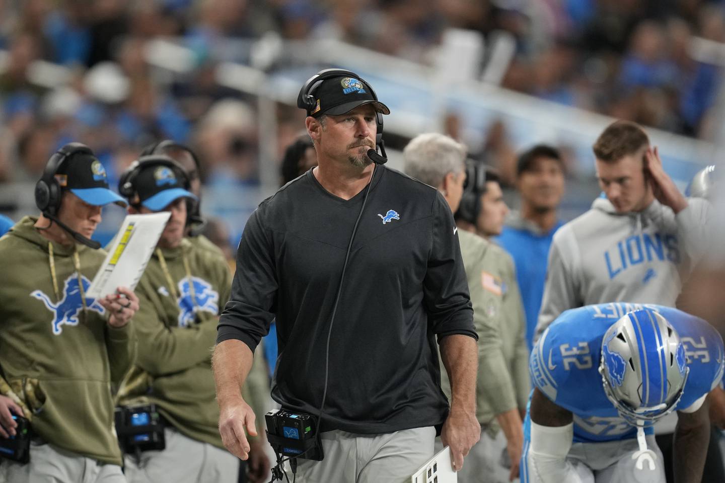 Lions coach Dan Campbell watches from the sideline during a game against the Packers on Nov. 6 in Detroit.