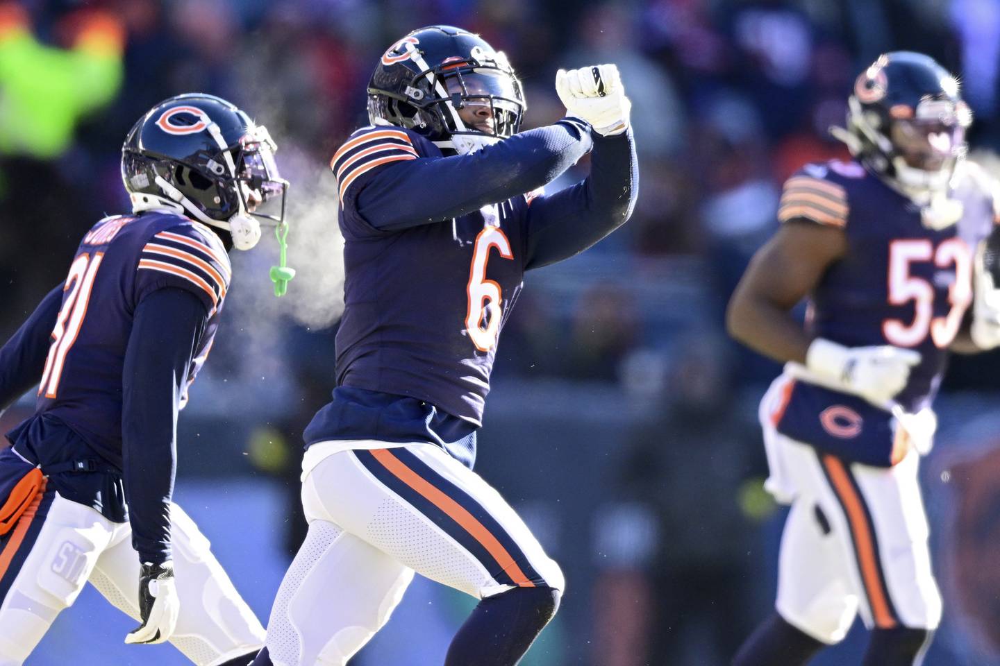 The Bears' Kyler Gordon celebrates after making an interception during the second quarter against the Bills on Saturday at Soldier Field.
