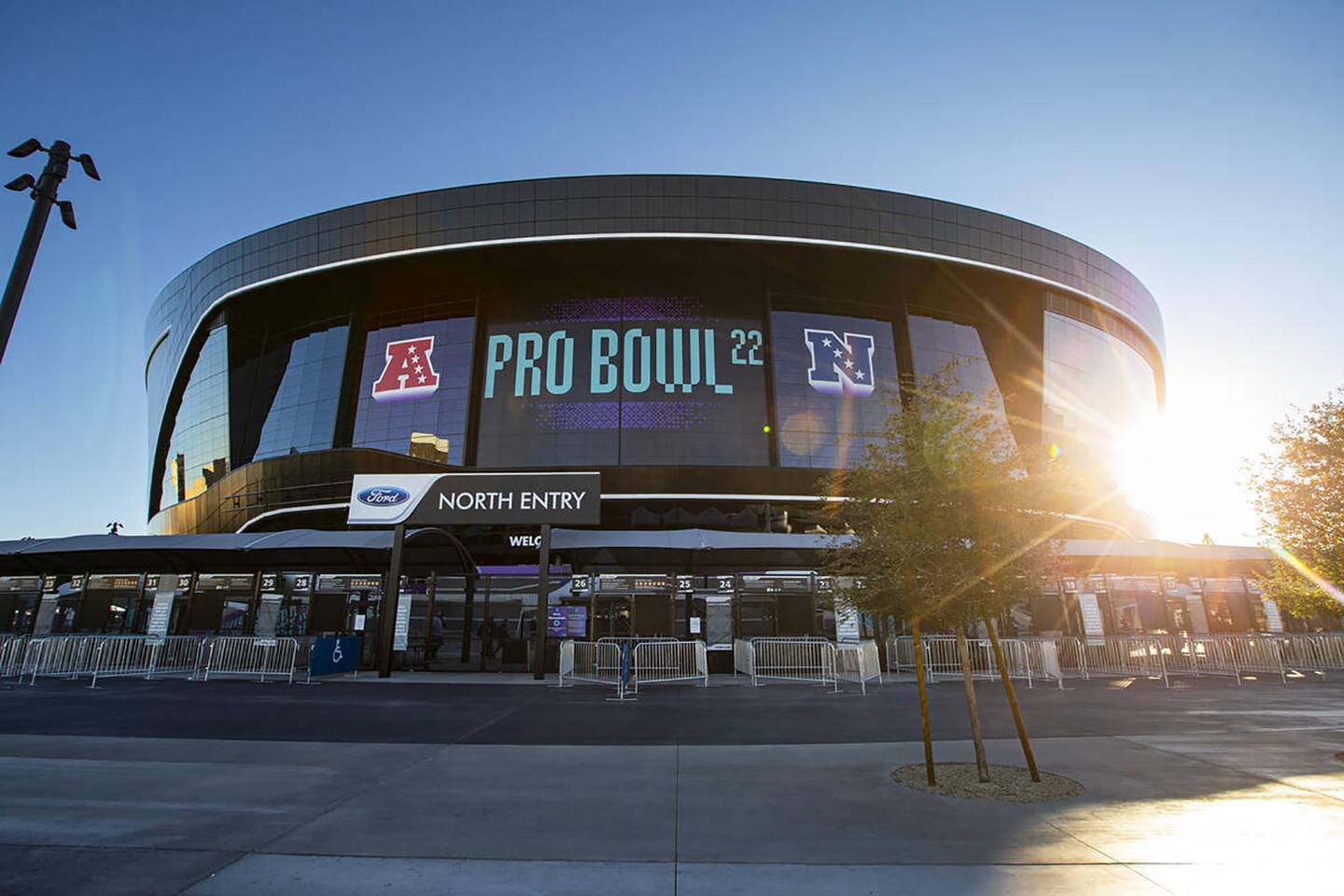 Signage for the Pro Bowl is seen at Allegiant Stadium on Feb. 6, 2022, in Las Vegas.