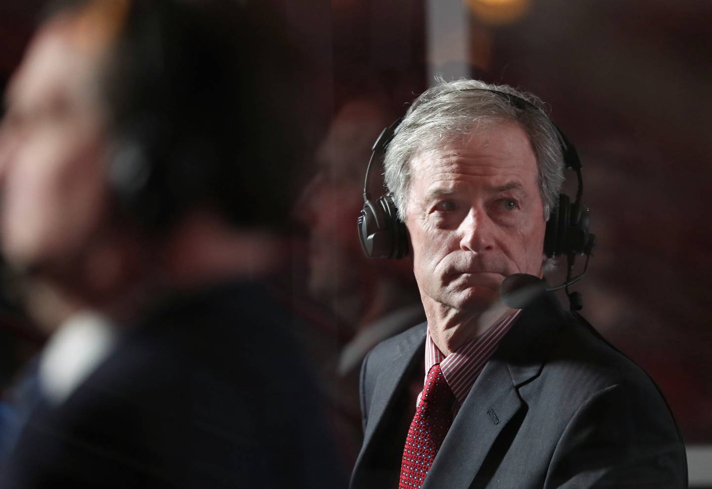 Blackhawks play-by-play announcer Pat Foley prepares for a game against the Red Wings on Jan. 22, 2021, at the United Center.