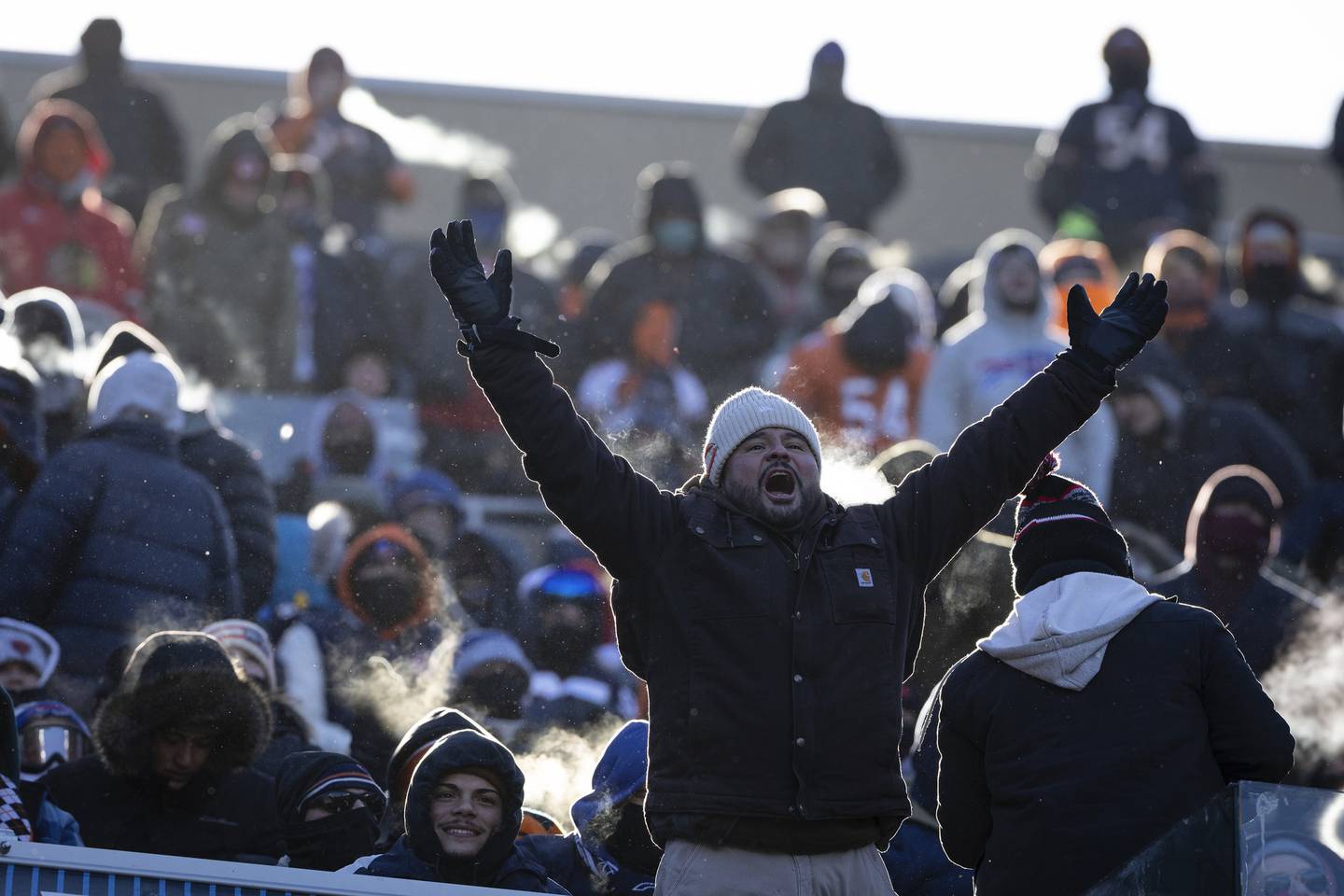 Bears fans brave the frigid temperatures during the Bears’ 35-13 loss to the Bills at Soldier Field on Dec. 24, 2022.