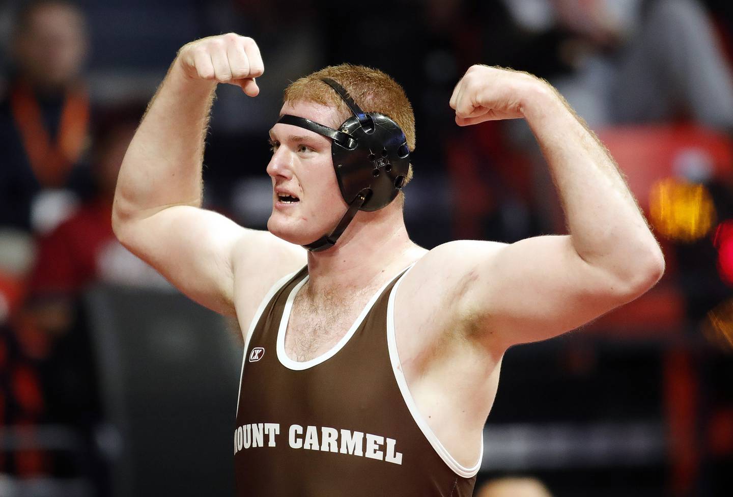 Mt. Carmel's Ryan Boersma reacts after winning the Class 3A state championship at 285 pounds at the State Farm Center in Champaign on Saturday, Feb. 19, 2022.