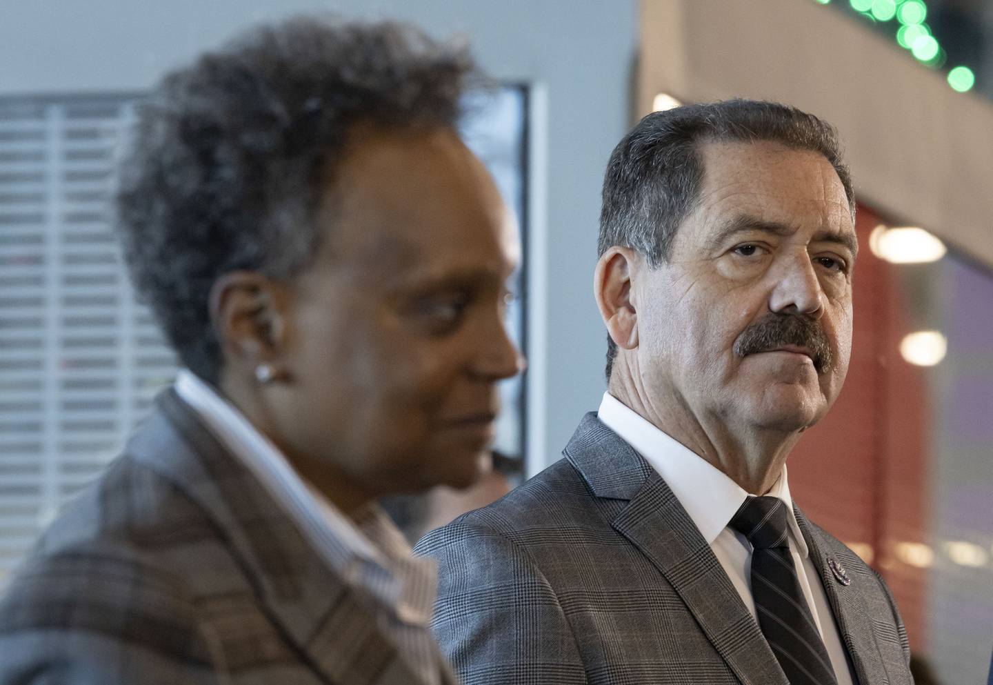 Mayor Lori Lightfoot and U.S. Rep. Jesús “Chuy” García appear together at an announcement about the O'Hare International Airport modernization project on Nov. 21, 2022, while other candidates were filing their nominating petitions. 