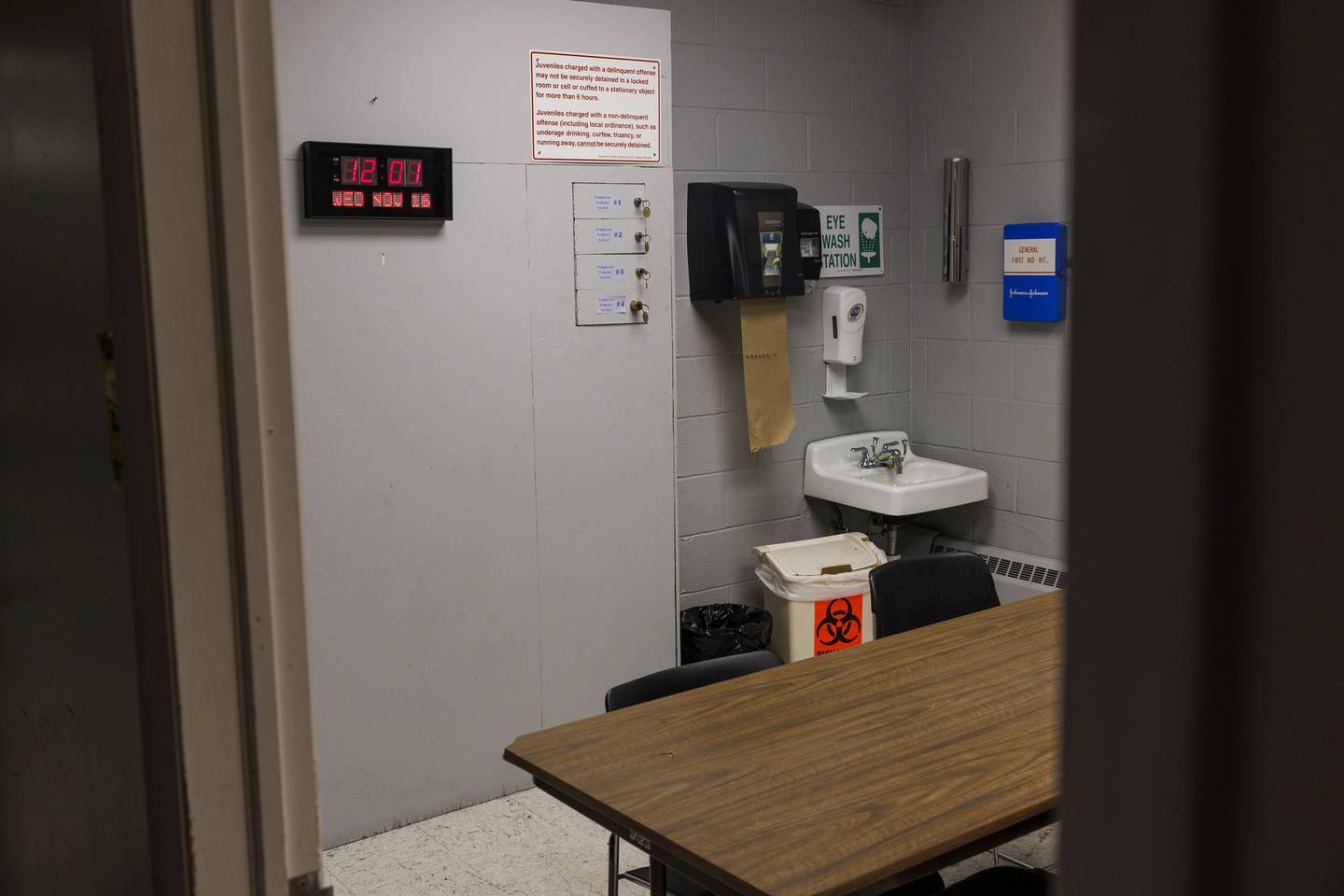 Jacksonville police bring the Garrison School students they arrest to this booking area at the police station to be fingerprinted and photographed. Students often wait in the room for a guardian to pick them up.