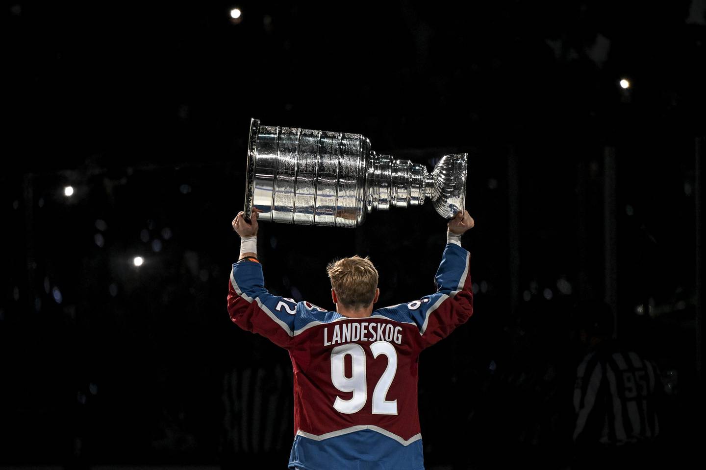 Gabriel Landeskog of the Colorado Avalanche hoists the Stanley Cup during a championship celebration on Oct. 12, 2022. 