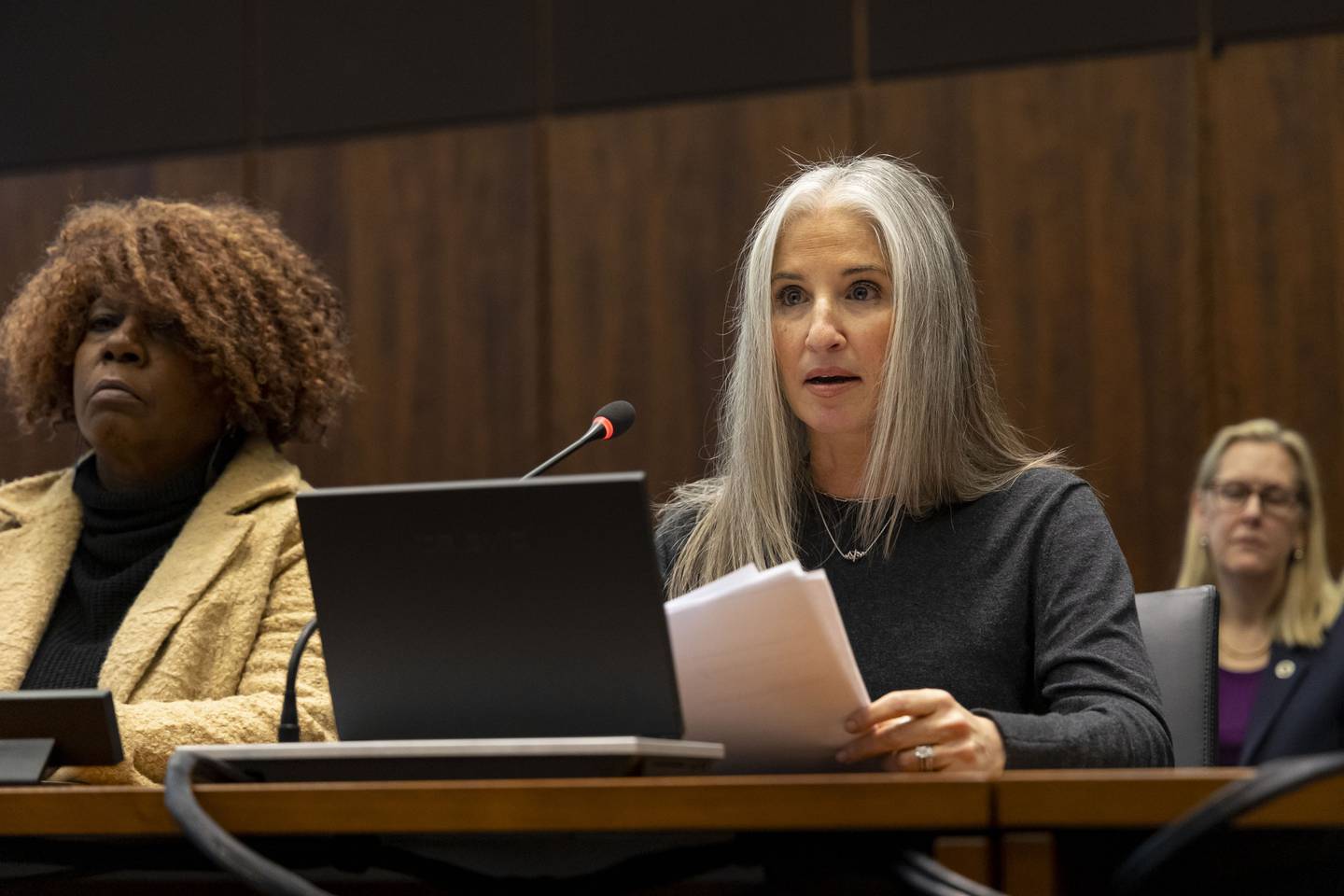 Lauren Bennett, who was shot multiple times at the Highland Park July Fourth parade, testifies on Dec. 12, 2022, during an Illinois House committee hearing at the Bilandic Building about new gun legislation.