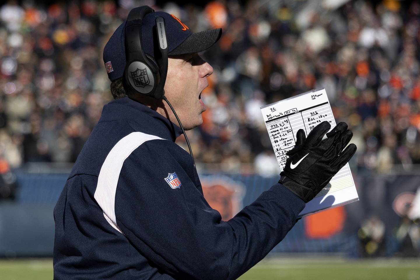 Bears coach Matt Eberflus on the sidelines during the first quarter against the Packers at Soldier Field on Dec. 4, 2022.
