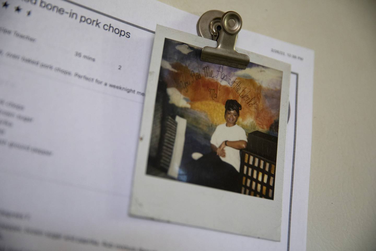 A Polaroid of Sandra, showing her around age 35 and taken while she was in the Logan Correctional Center, is kept on the fridge in her home in Los Angeles. 