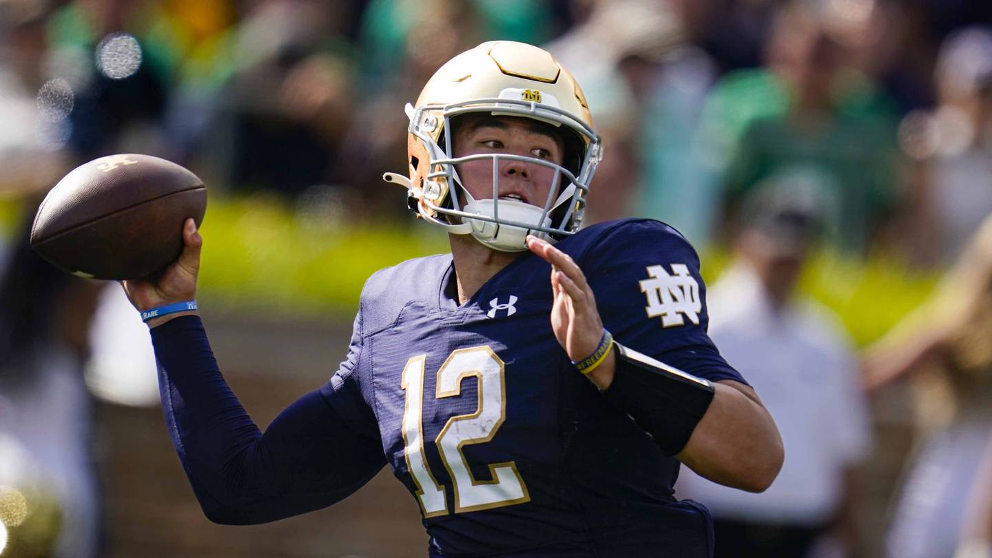 Notre Dame quarterback Tyler Buchner throws against Marshall on Sept. 10, 2022, in South Bend, Ind.